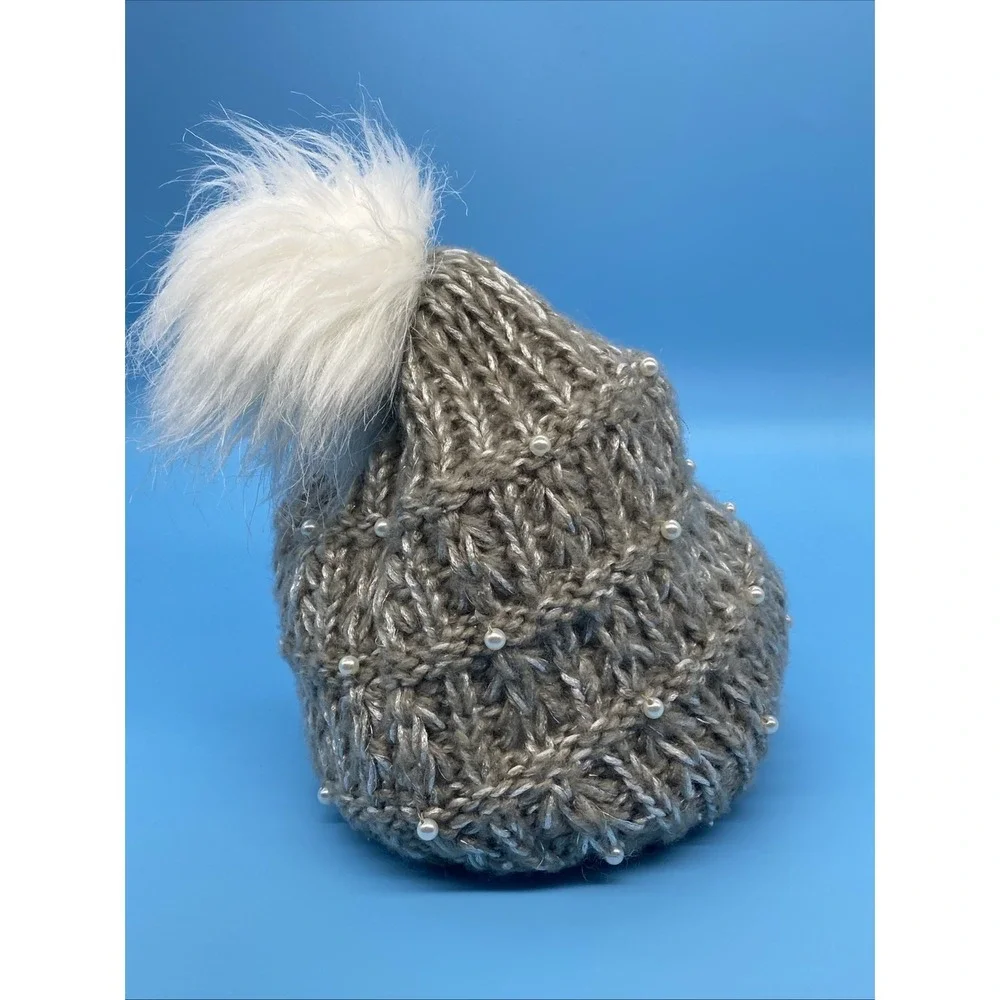 Betsy Johnson Silver Winter‎ Beanie Hat w/Faux Pearls and Pom-Pom